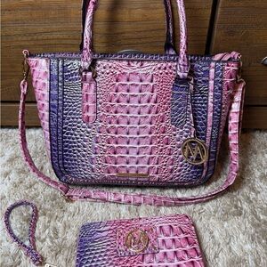 Mia K Collection Pink and Purple Crocodile style Embossed Tote Bag and wallet